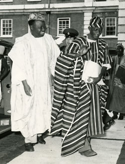 Sir Milton Margai, the first Prime Minister of independent Sierra Leone, and Dr W. M. Fitzjohn arriving at Marlborough House, London, for the opening of the 1962 Commonwealth Prime Ministers Meeting