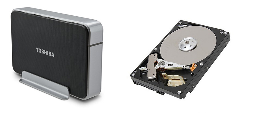 An external hard drive on the left and an internal hard drive on the right