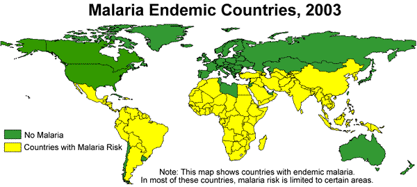 Map of malaria affected countries 2003