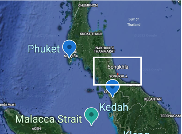 edit screenshot of Google Maps showing area near Gulf of Thailand