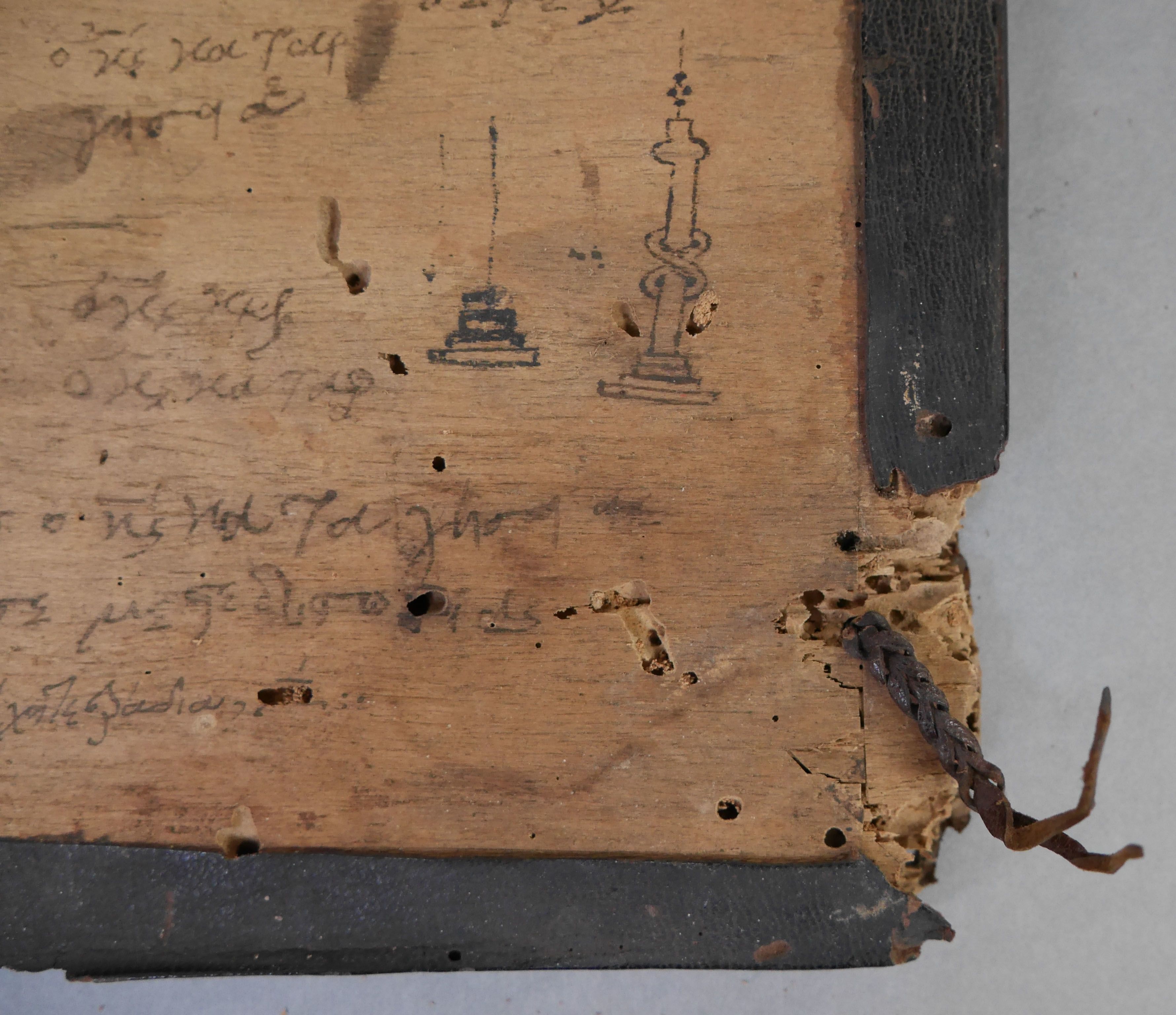 wooden board from a greek binding, scribbles. 