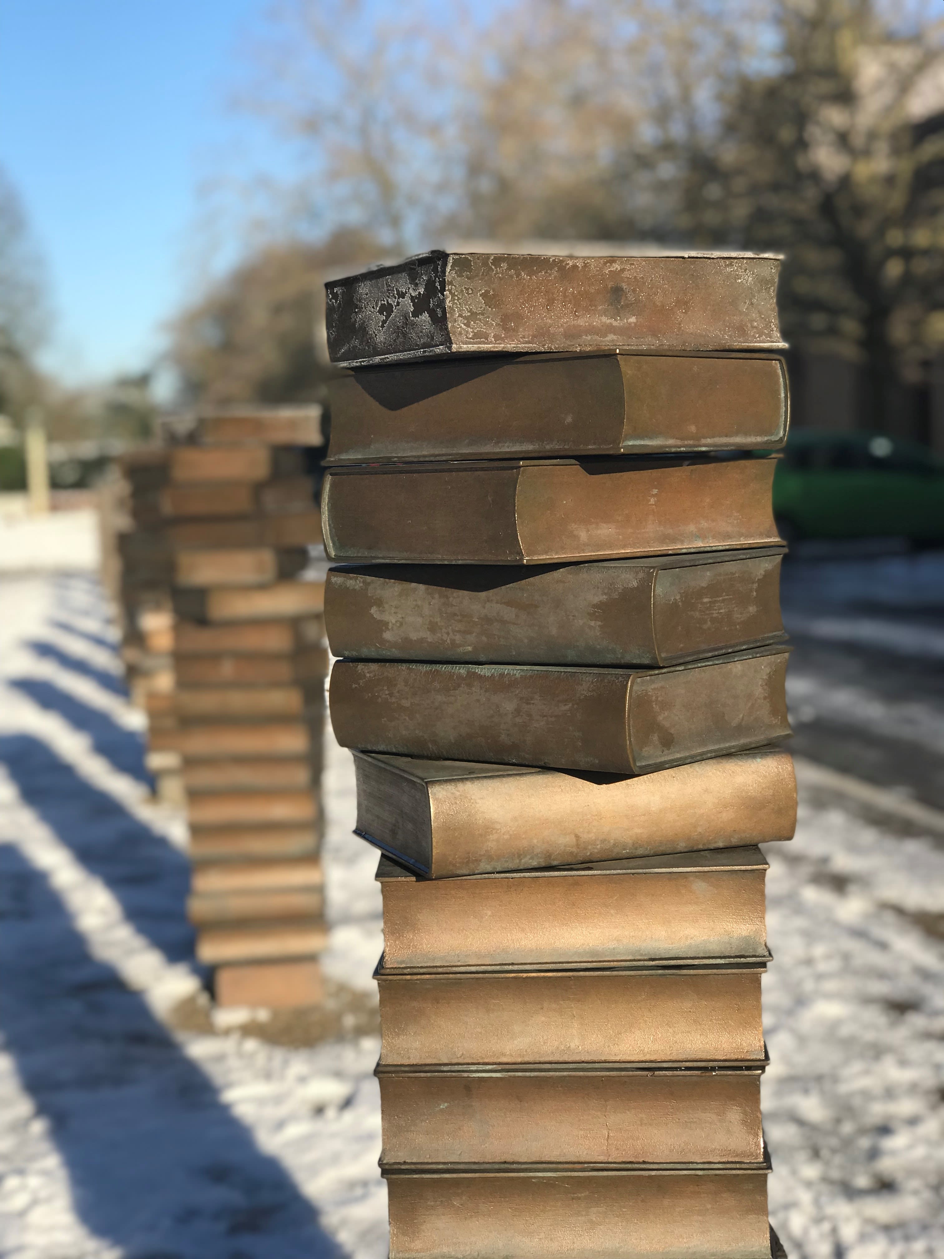The frosty bookstack sculptures in front of the library reflect sunshine