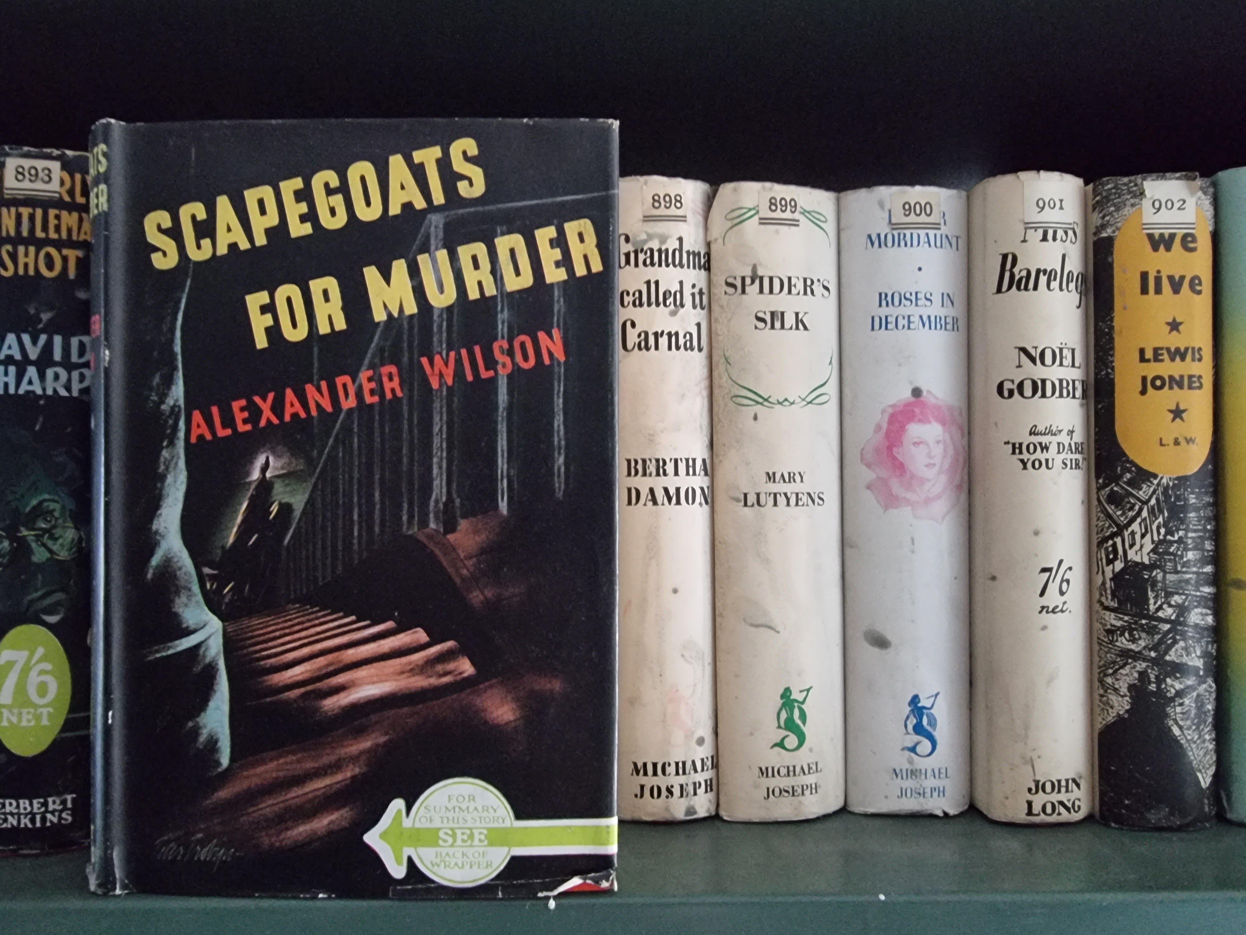 The cover of a crime novel, Scapegoats for Murder, from the University Library's Tower collections.
