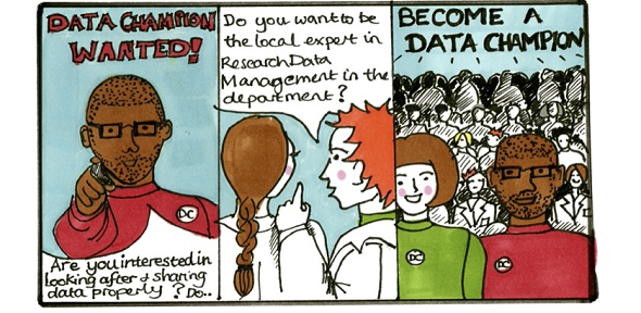  Cartoon drawing of a man asking if you would like to be a data champion