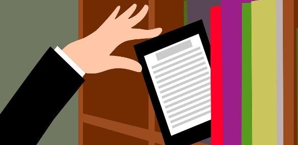 Colourful graphic showing a shelf of books and a hand taking a tablet from the shelf